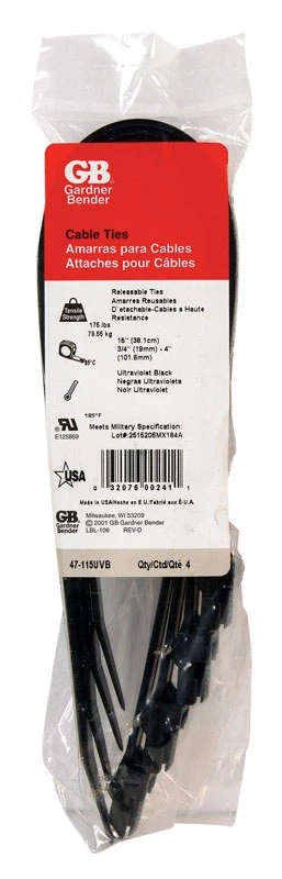 Cable Release Ties, Black Nylon, 15-In., 4-Pk.
