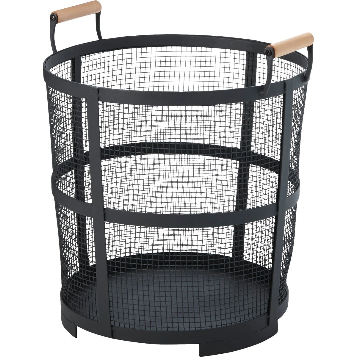 19 In. Black Round Fireplace Log Basket Wf-15704 With Wood Handles