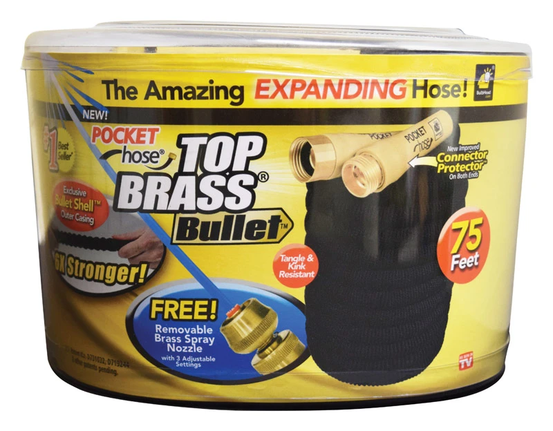 Top Brass Bullet Expanding Garden Hose, 75 Ft. With Removable Spray Nozzle