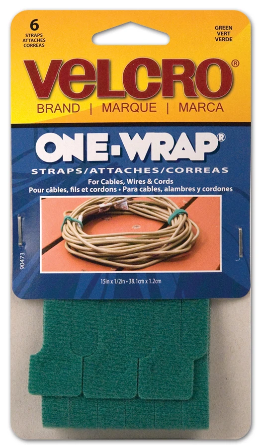 Velcro One-Wrap 1/2" x 15 Straps, 6 Pack, Large, Green