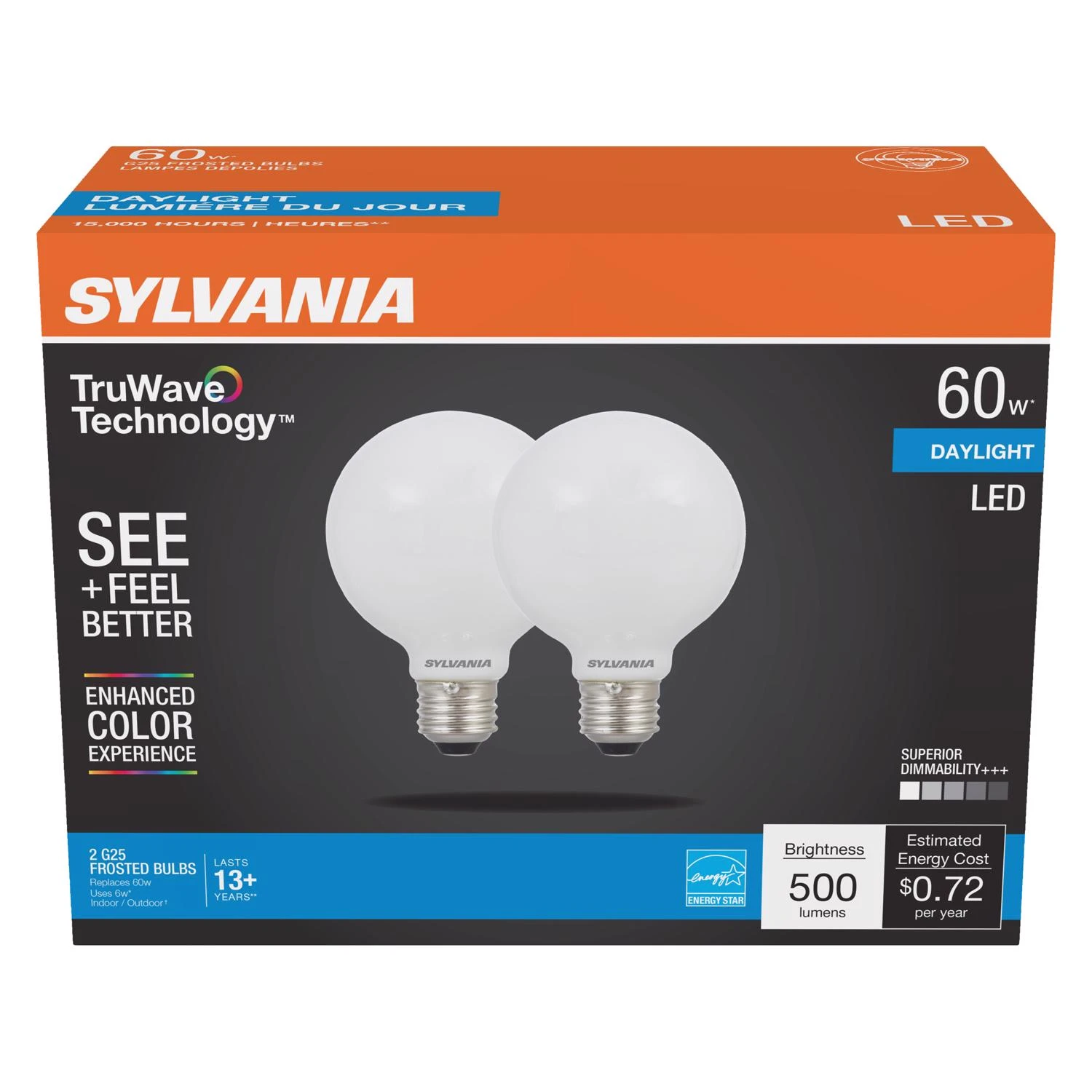 Sylvania 40768 Natural LED Bulb, Globe, G25 Lamp, 60 W Equivalent, E26 Lamp Base, Dimmable, Frosted, Daylight Light