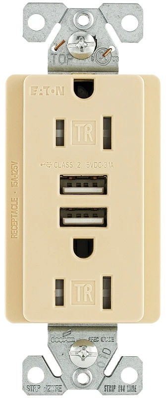 Arrow Hart Tr7755v-k Duplex Combination Usb Receptacle, 125 Vac, 15 Amp, Ivory