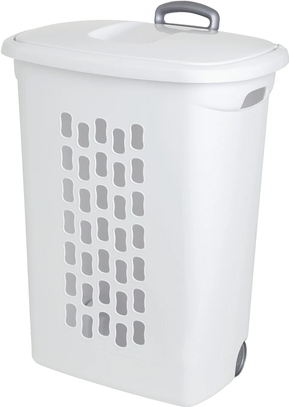 White Plastic Wheeled Laundry Basket With Lid, Model 12228003