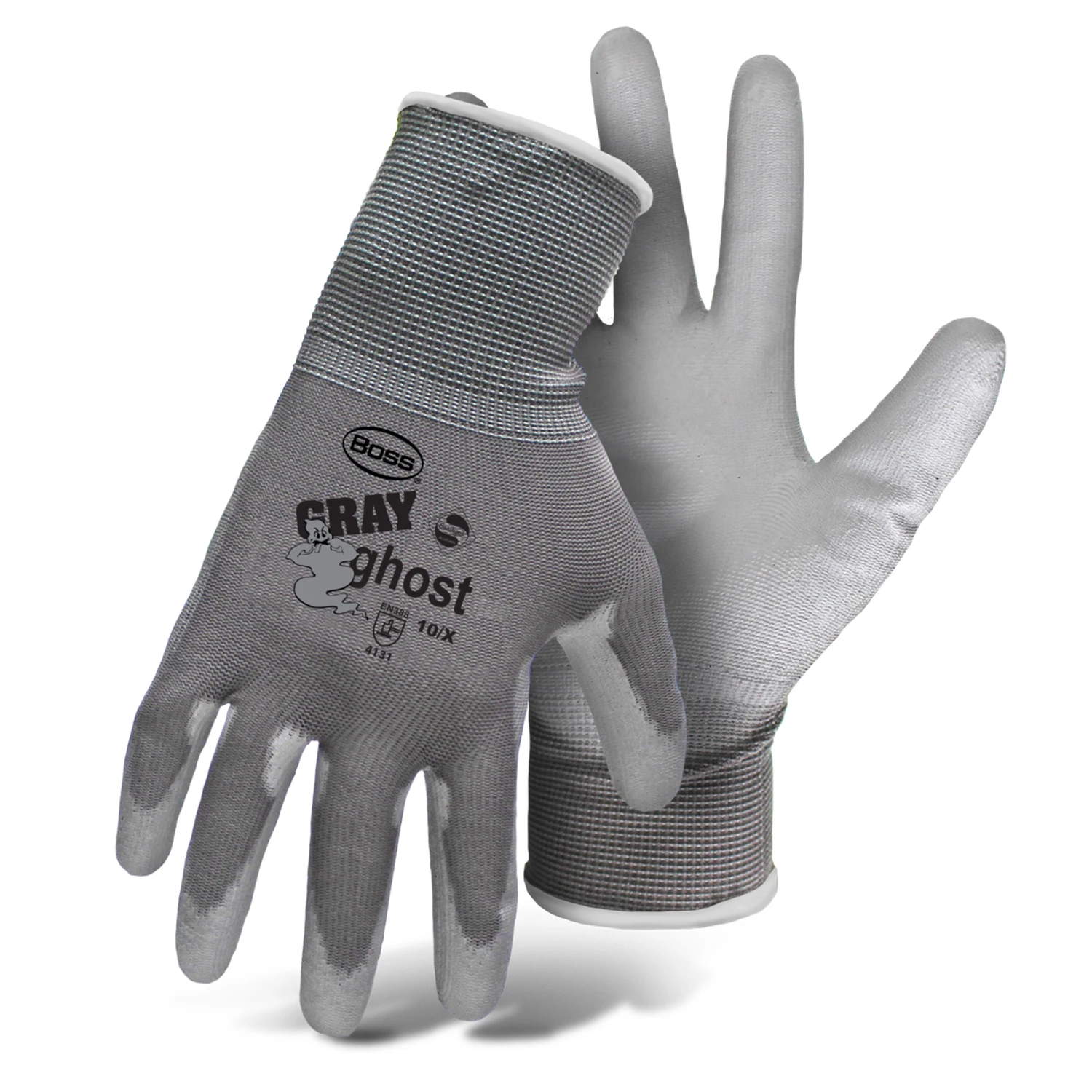 Gray Ghost Nylon Knit Work Gloves With Pu Coated Palm, Large Size, 1 Pair