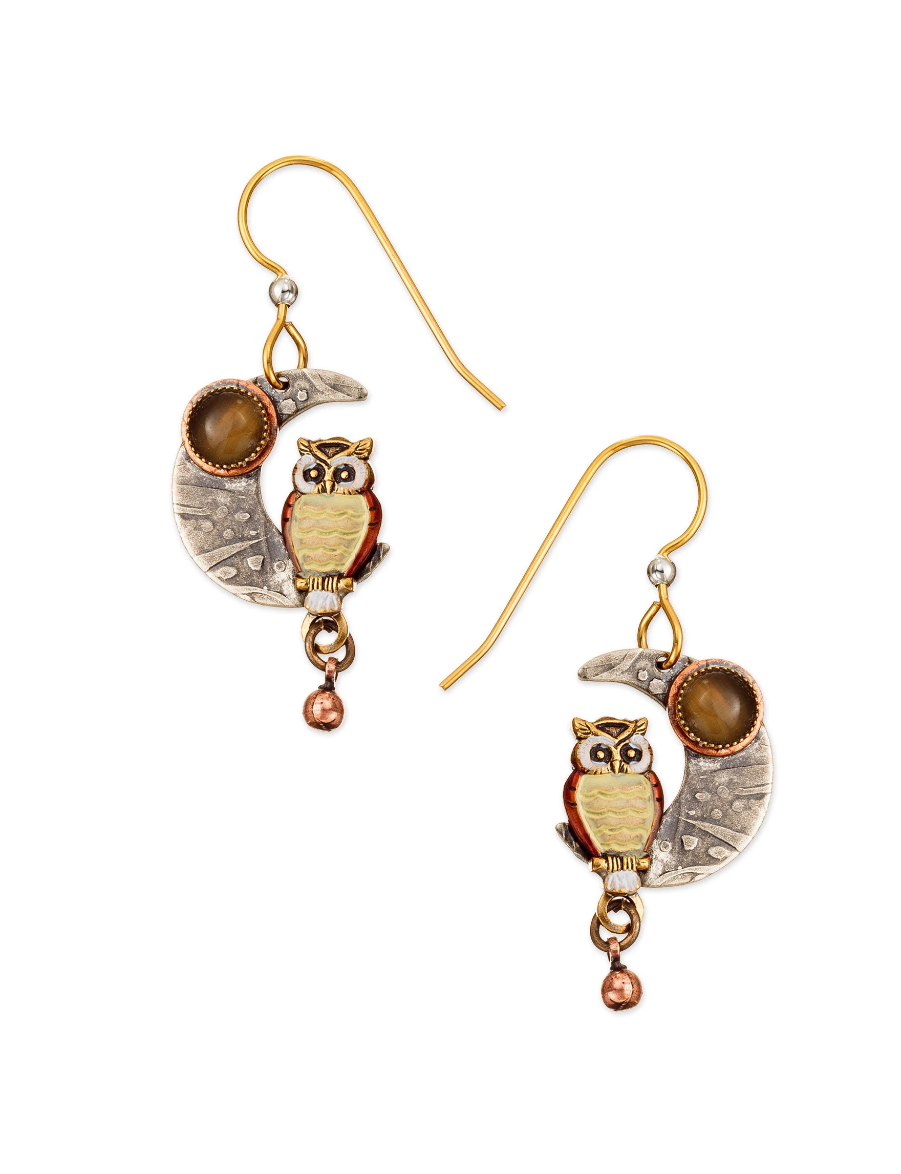Womens Tri-tone Silver Forest Owl On Crescent Moon Drop Earrings