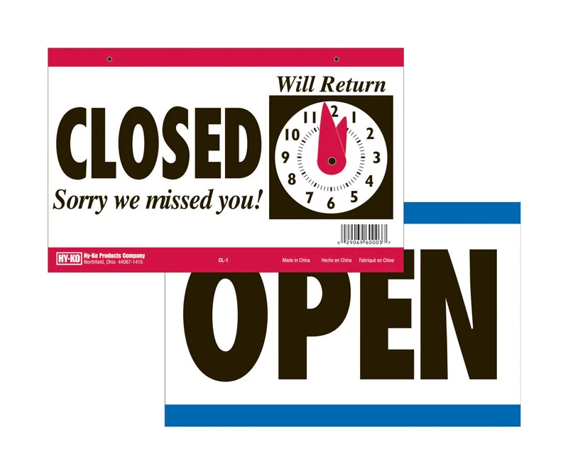 Open/closed Clock Sign, Plastic, 7 In. H X 9.5 In. W, Model Cl-1