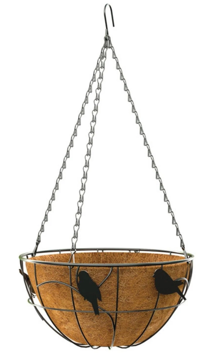 Hanging Plant Basket, Black Steel With Birds, 14-In. Round