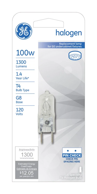 Quartz Halogen Light Bulb, G8 Base, 100 Watt