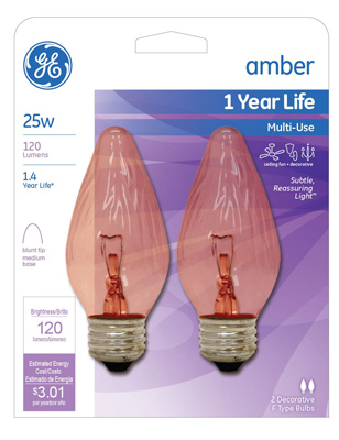 25 Watt Amber Flame Shape Decorative Light Bulb, Medium Base, 2-pk, 120 Lumens
