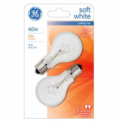 40w A15 Intermediate Base Ceiling Fan Bulbs, Soft White, 2-pk, 300 Lumens, 2700k