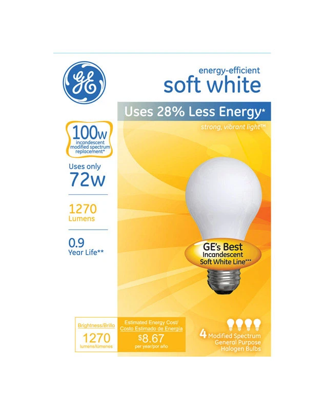A-Line Halogen Light Bulb, Soft White, 72-Watts, 4-Pk.