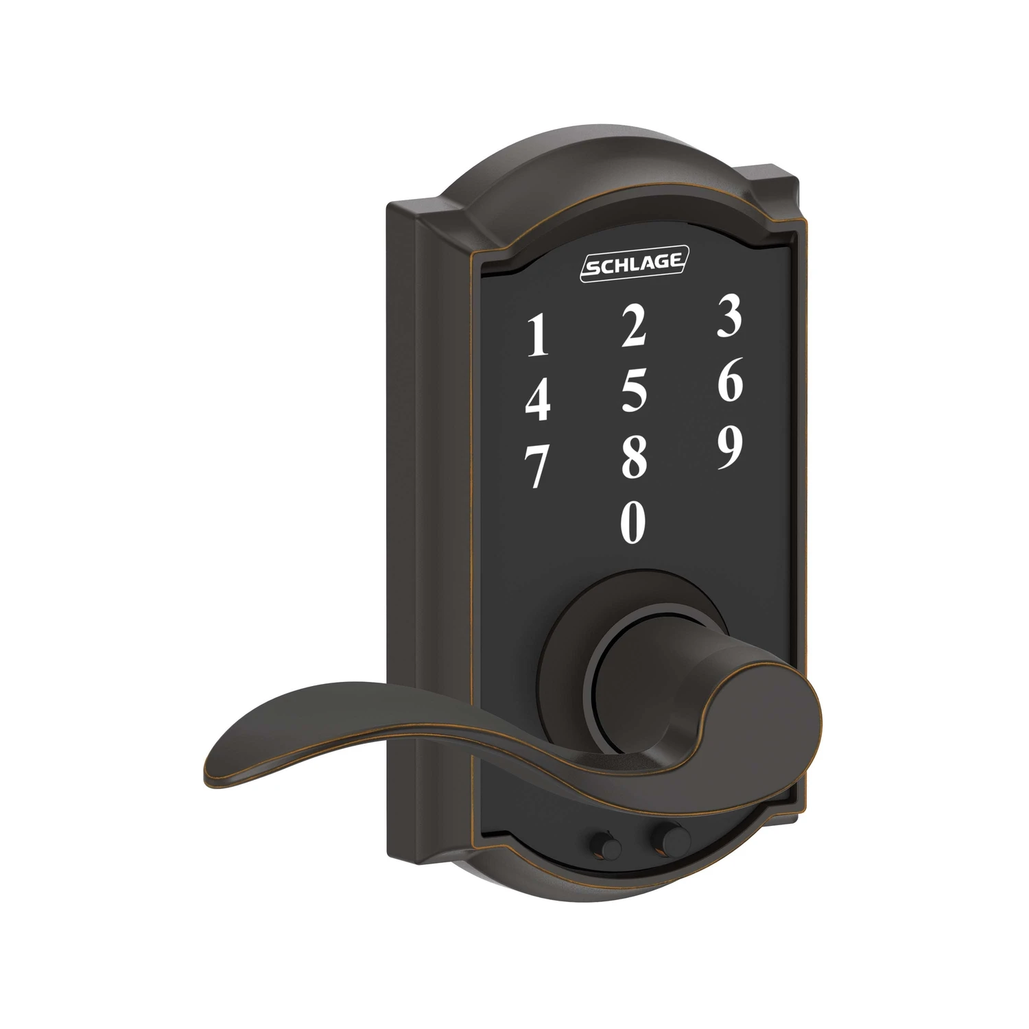 Touch Keyless Entry Lever Lockset with Camelot Trim in Aged Bronze Finish