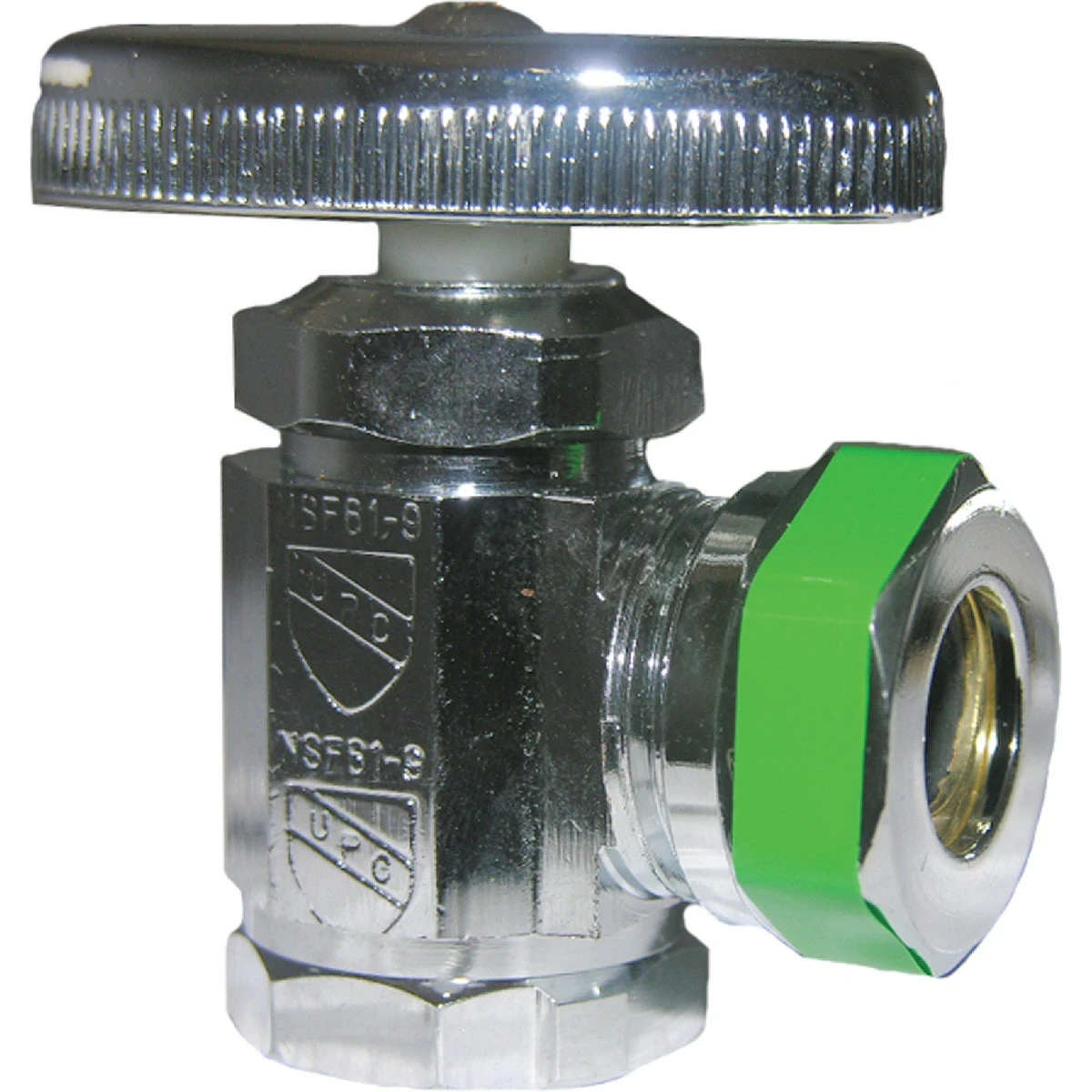 Angle Stop Valve Chrome Finish 1/2 Inch Female Pipe Thread Inlet by 7/16 Inch or 1/2 Inch Outside Diameter Slip Joint Outlet