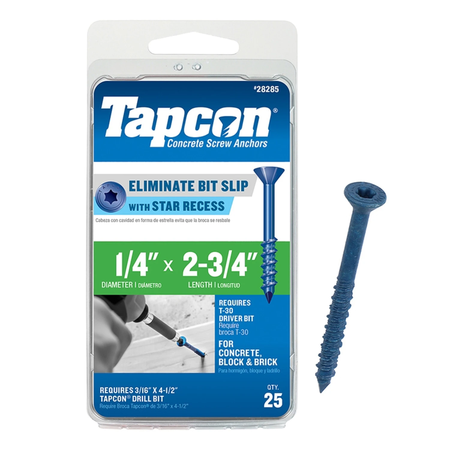 Concrete Anchors, Star Drive, 1/4 x 2-3/4 In., 25-Pk.