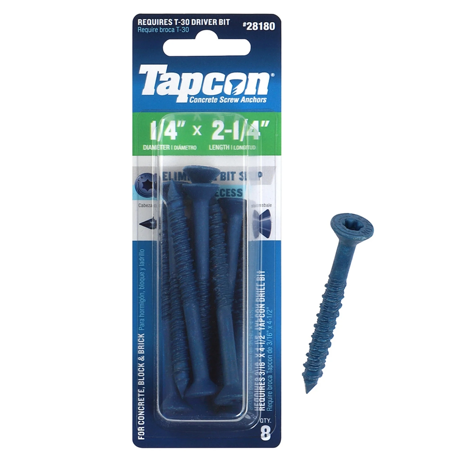 Concrete Screw Anchors, Star Drive, 1/4 x 2-1/4 In., 8-Pk.