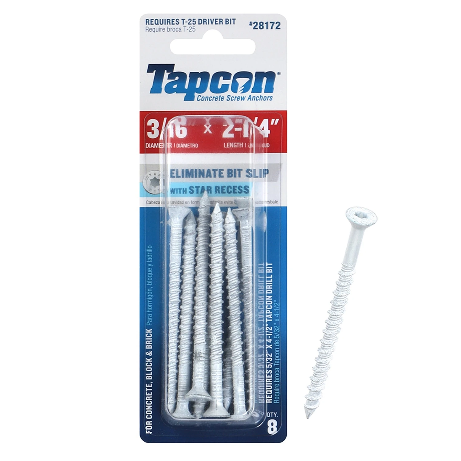Concrete Screw Anchors, Star Drive, 3/16 x 2-1/4 In., 8-Pk.