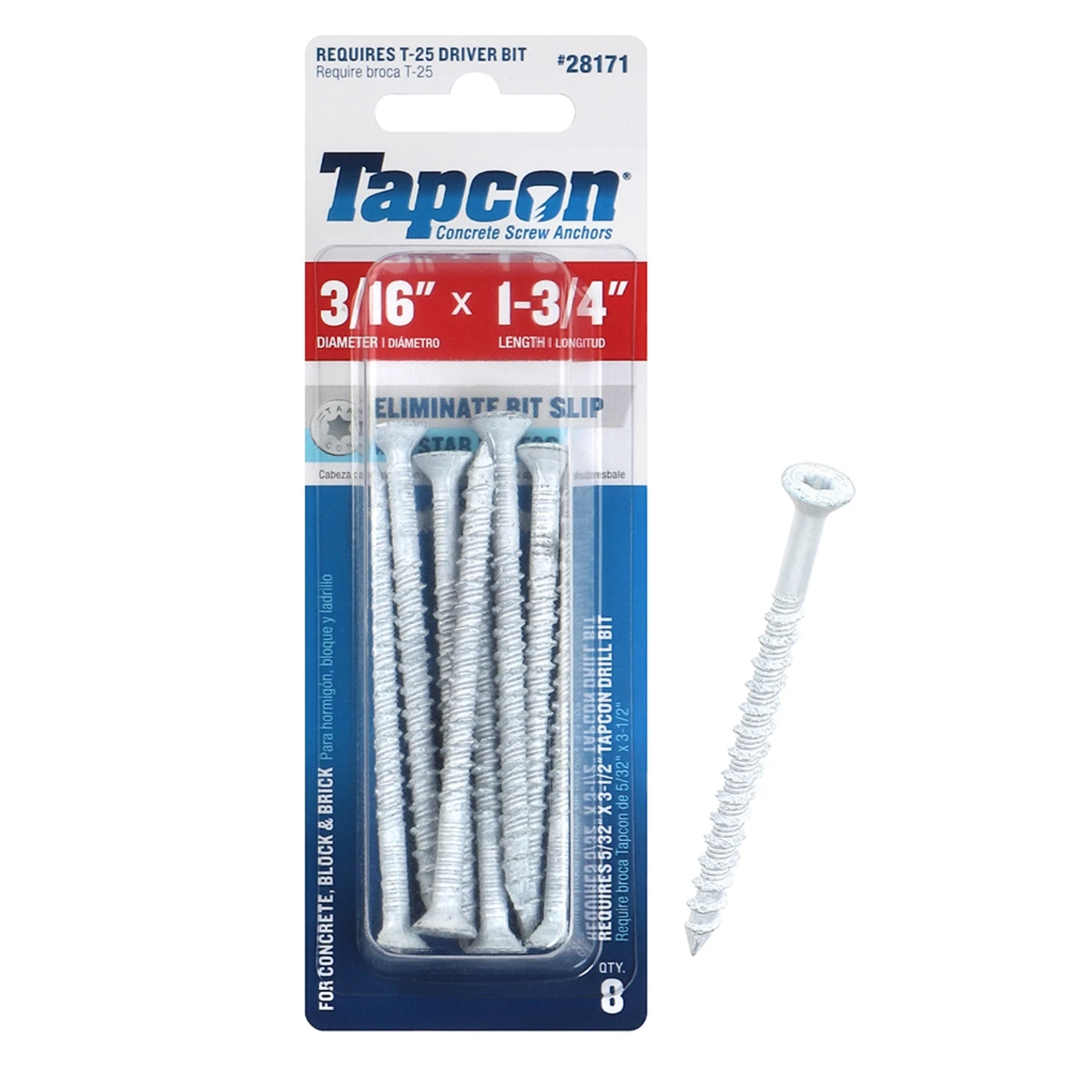 Concrete Screw Anchors, Star Drive, 3/16 x 1-3/4 In., 8-Pk.