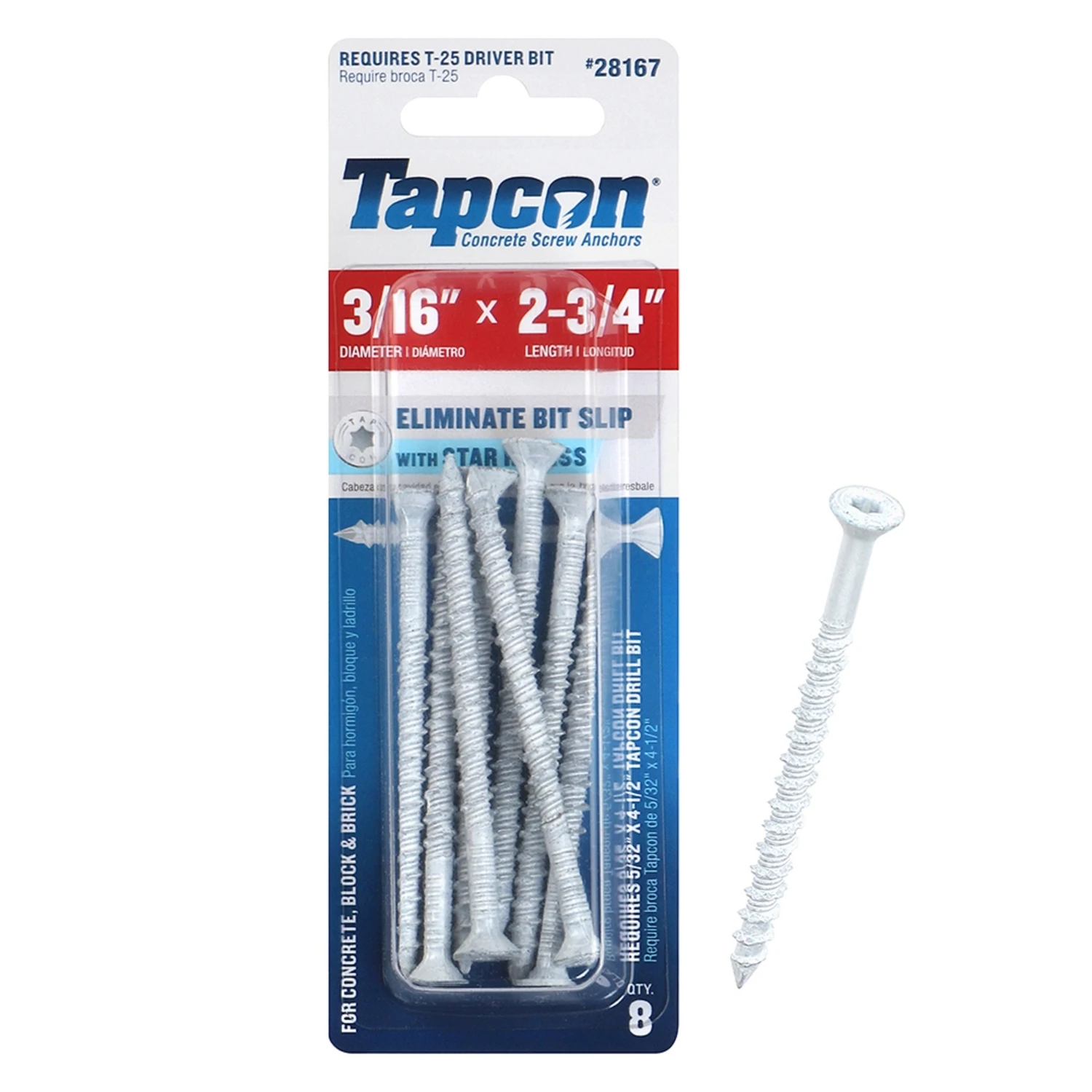 Concrete Screw Anchors, Star Drive, 3/16 x 2-3/4 In., 8-Pk.