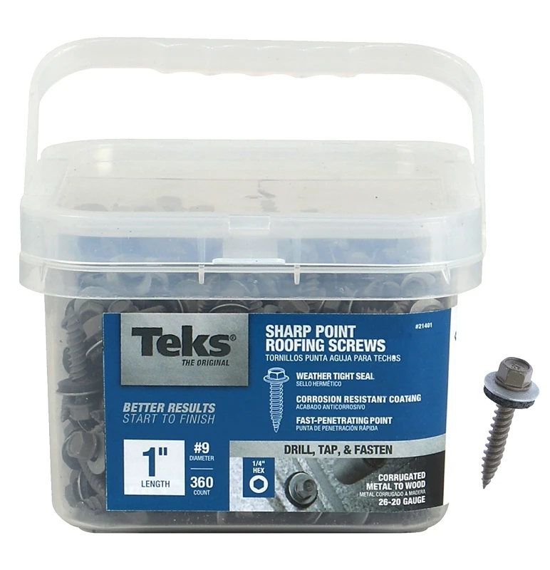 Roofing Screws, Metal To Wood, Hex Washer Head, Sharp Point, #9-15 x 1 In., 360-Pk.