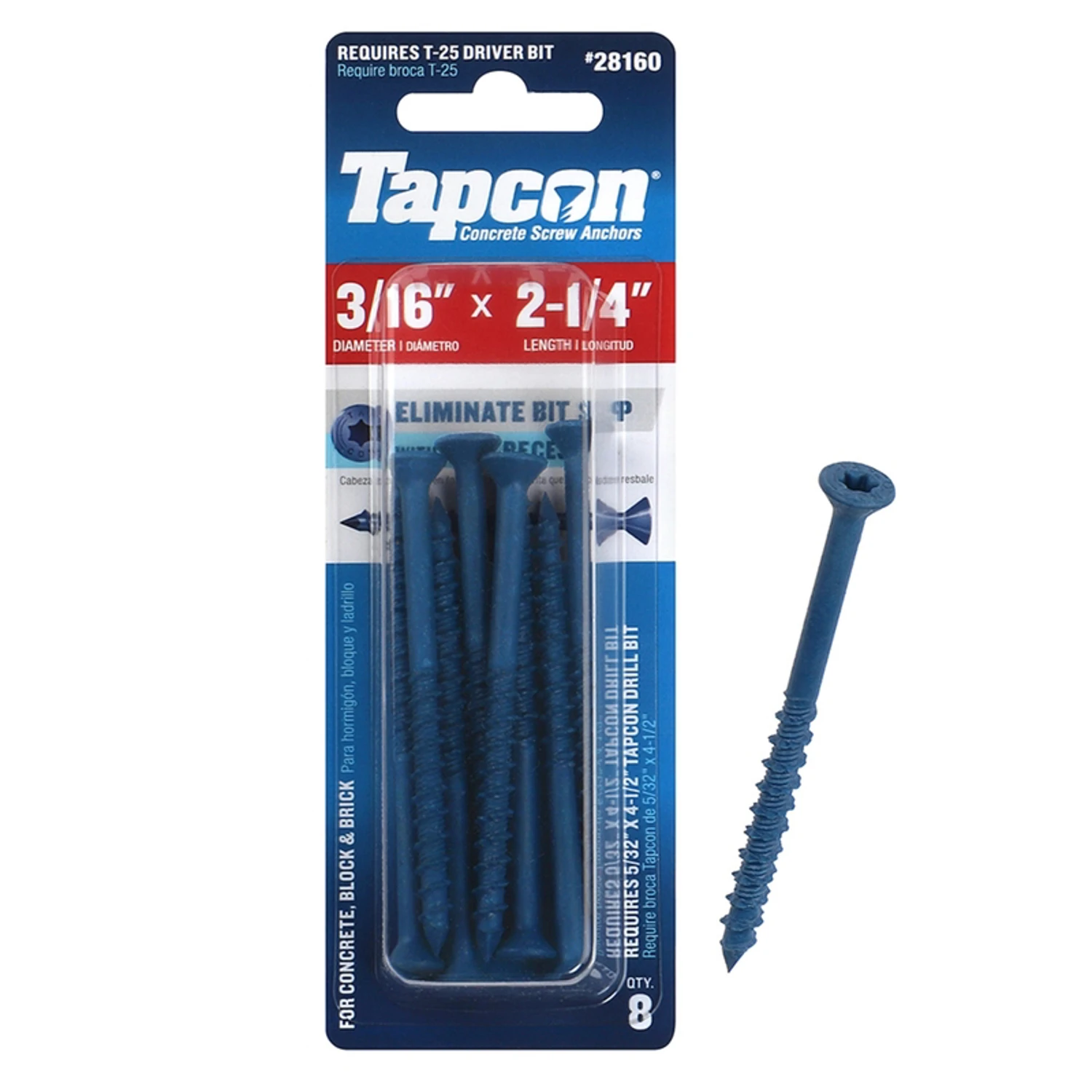 Concrete Screw Anchors, Hex Head, 3/16 x 2-1/4 In., 8-Pk.