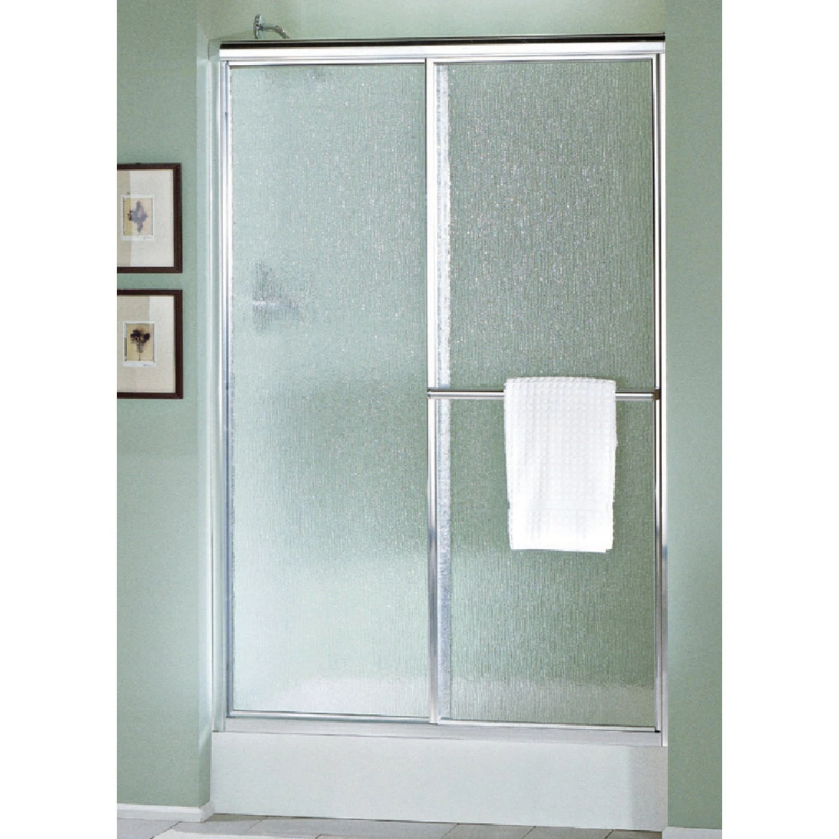 Deluxe 48-7/8 In. W X 70 In. H Chrome Rain Glass Sliding Shower Door