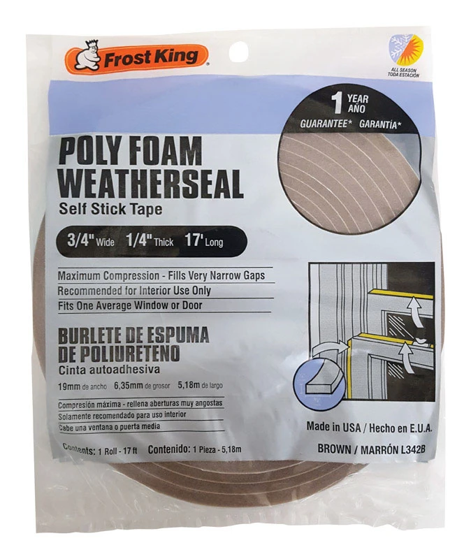 Brown Poly Foam Weather Seal For Doors And Windows 17 Ft L X 1/4 In T
