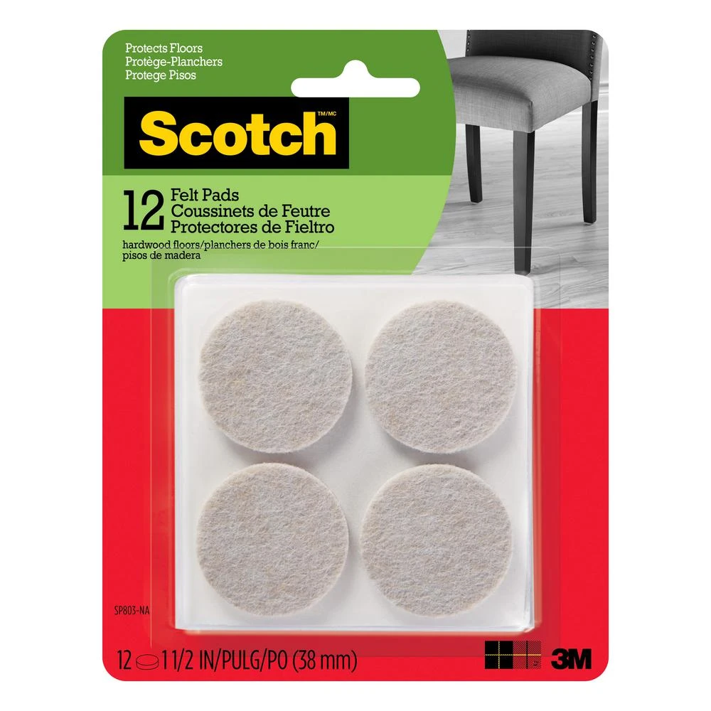 Scotch 1.5 in. Beige Round Surface Protection Felt Floor Pads (12-Pack)