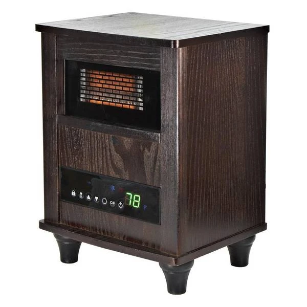 Infrared Quartz Heater with Expresso Wood Cabinet, Two Heat Settings, Thermostat Control, Remote Included