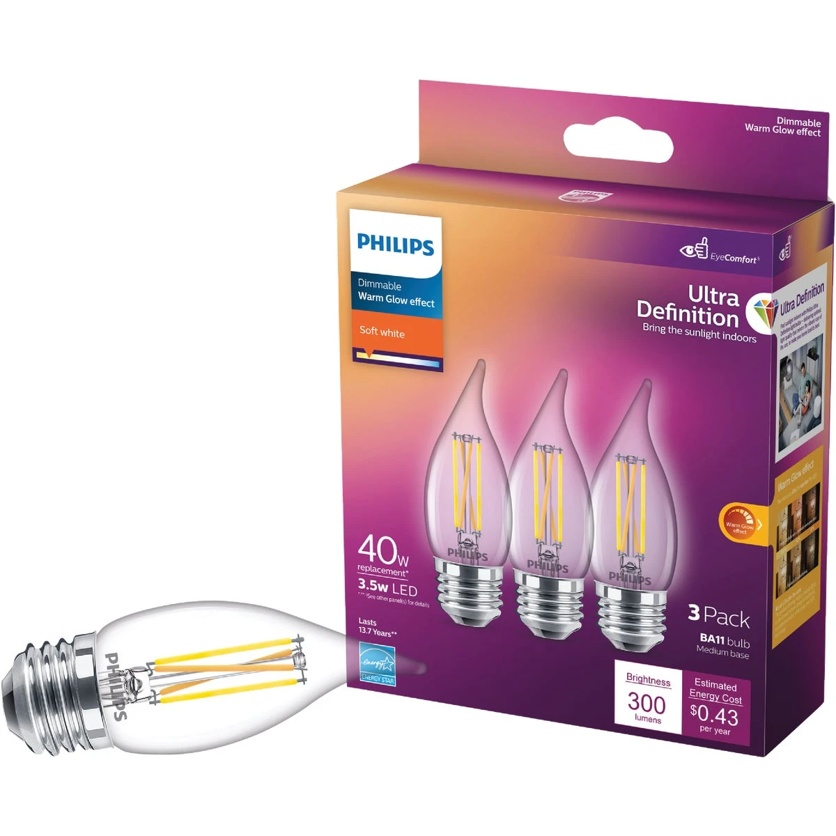 Philips Ultra Definition BA11 E26 (Medium) LED Bulb Soft White 40 Watt Equivalence 3 pk