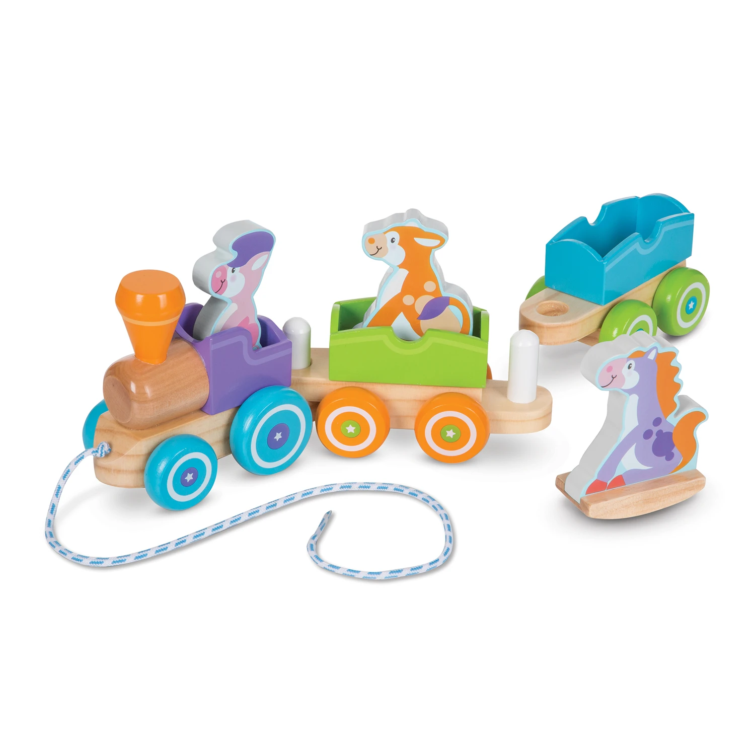 First Play Wooden Rocking Farm Animals Pull Train Set - 6 Pieces
