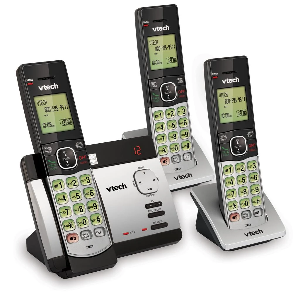 6.0 Expandable Cordless Phone System with Three Handsets, Answering Machine, Caller Identification, Silver and Black