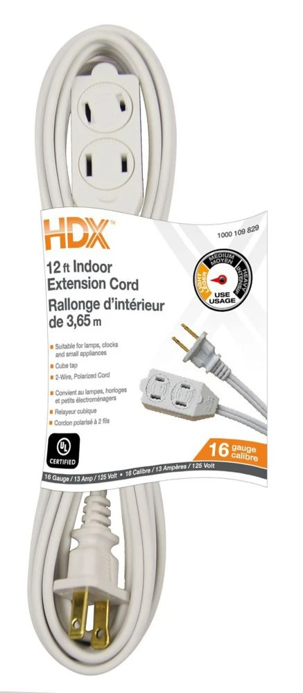 09413 16/2 Spt-2 White Indoor Cube Tap Extension Cord, 12 Feet