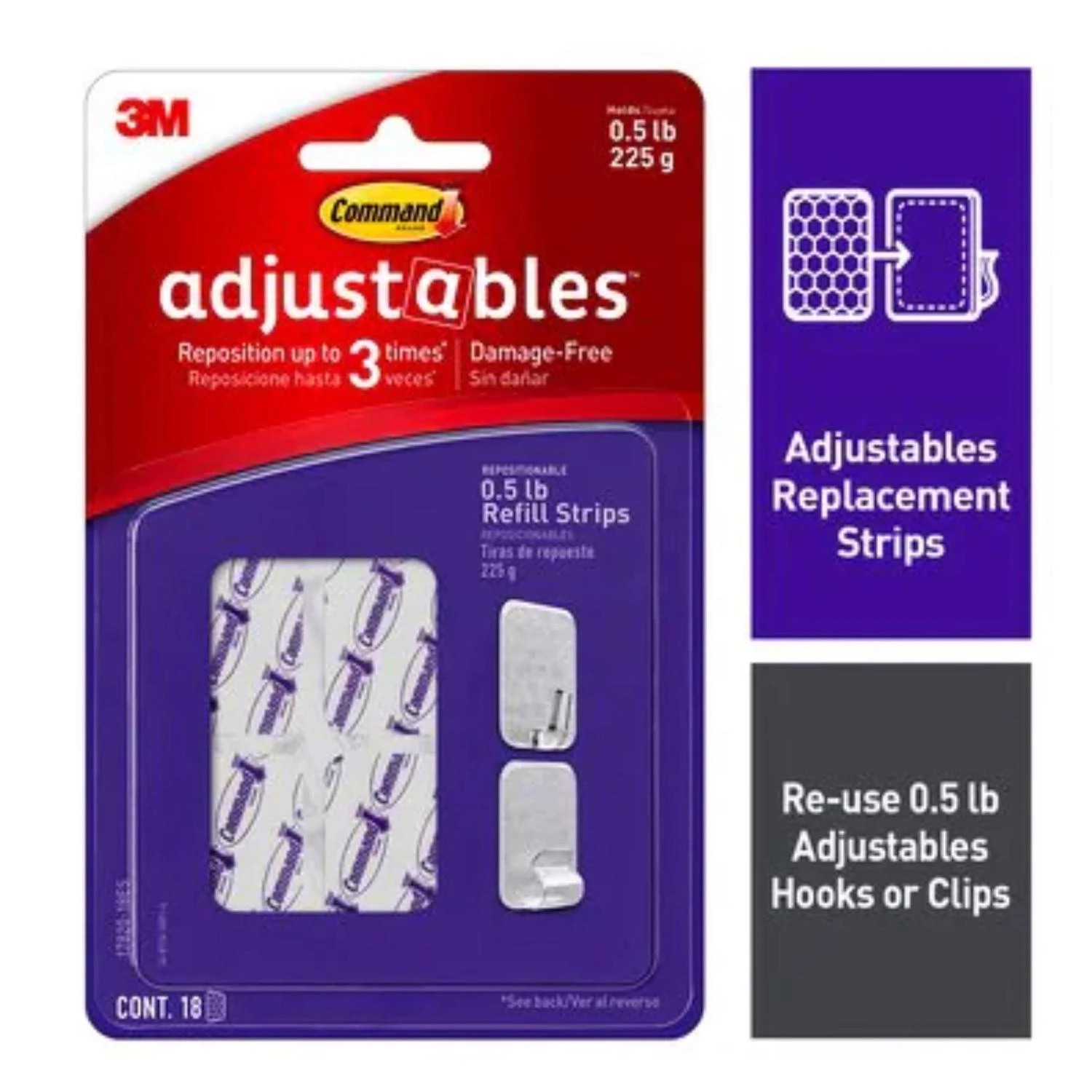 Adjustables Strips, 1/2-lb Capacity, Repositionable, 18 Count