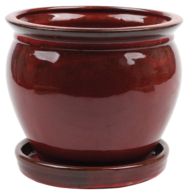 Ceramic Planter With Saucer, Wisteria/Oxblood Red, 8-In.