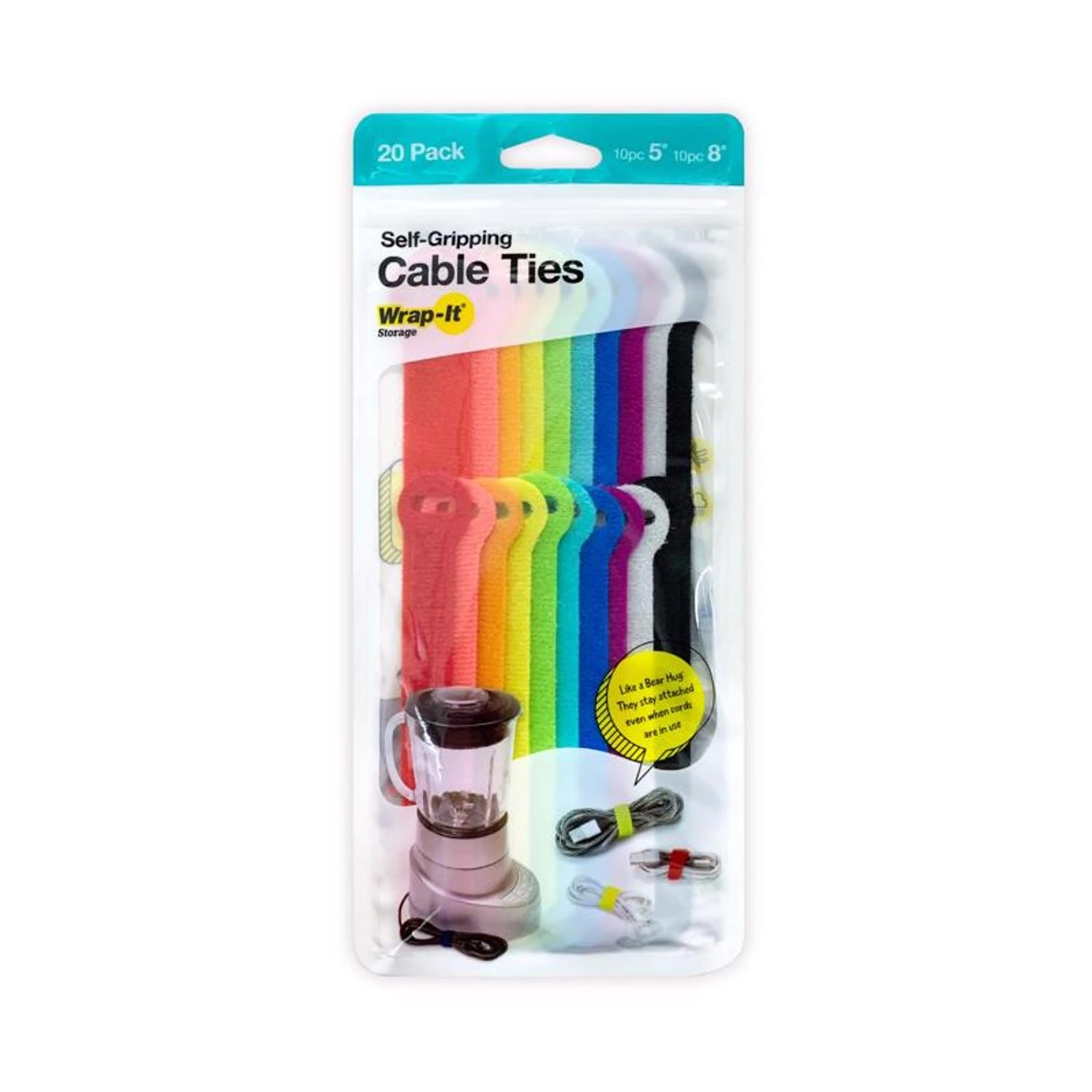 Self-Gripping Storage Cable Ties, Multi-Color, 4 & 10-In., 20-Pk.