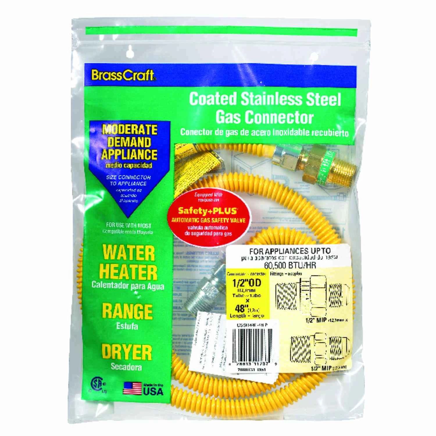 Gas Connector, Coated Stainless Steel, 48-In., 3/8-In. I.D., 1/2-In. O.D.