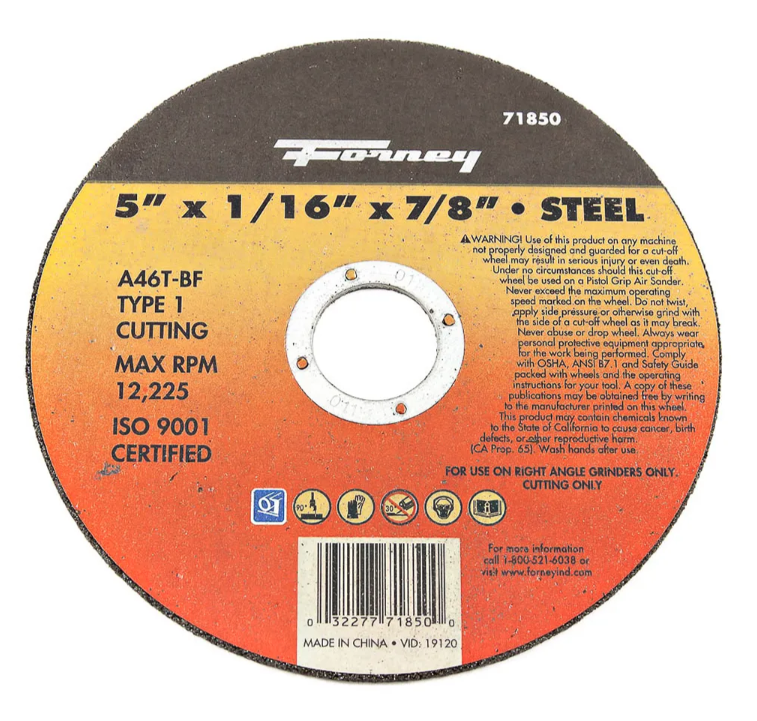 Grinding Wheel Type 27, 4.5 Inch Diameter by 0.25 Inch Thickness
