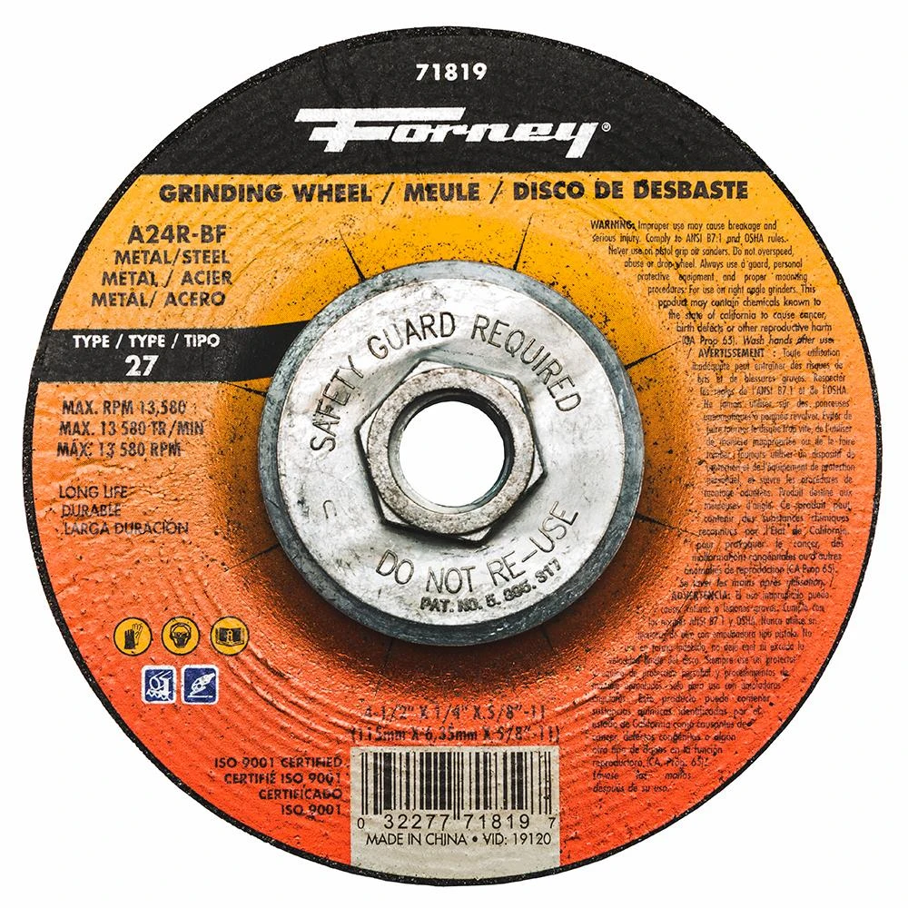 Type 27 4-1/2" X 1/4" X 5/8"-11 Metal Grinding Wheel