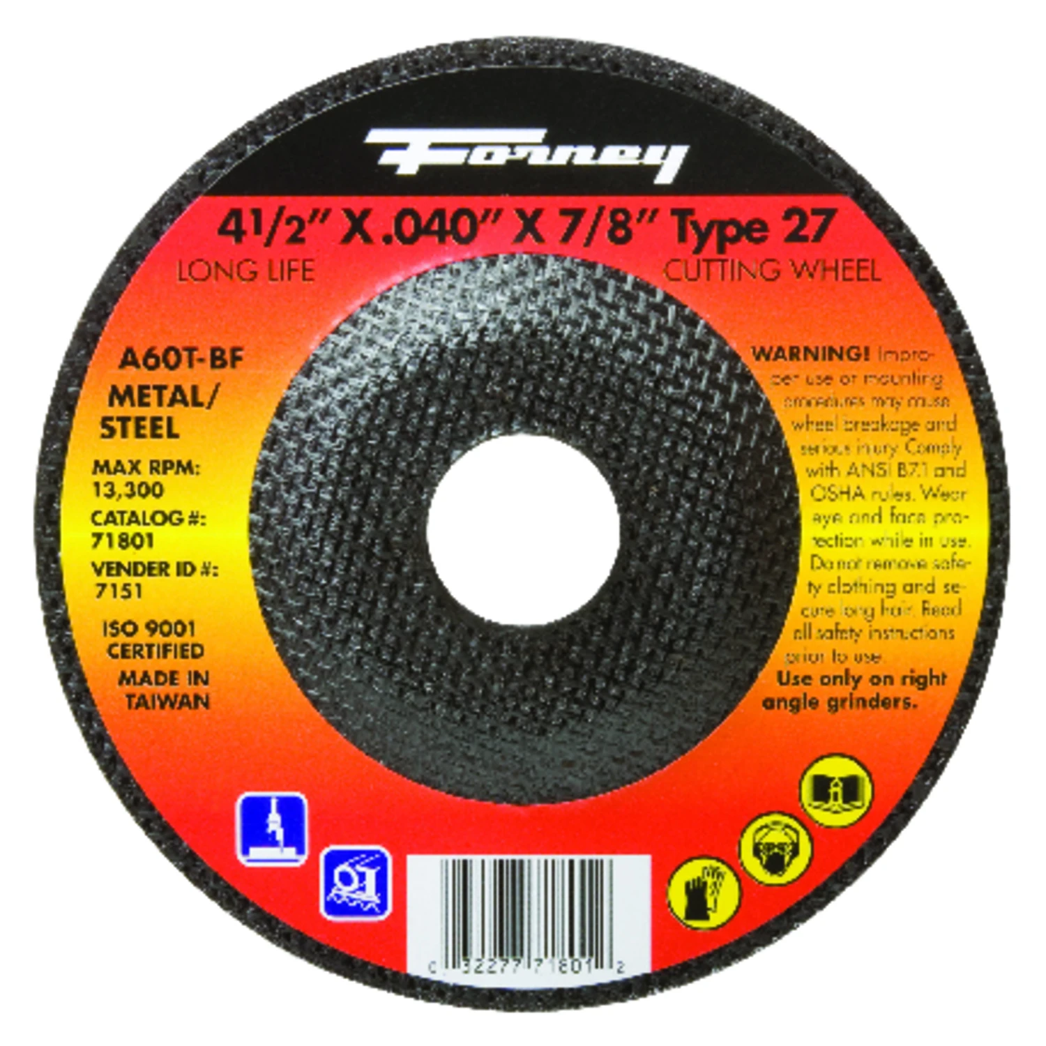 Type 27 Cutting Wheel, 4.5 Inches Diameter by 0.040 Inches Thickness