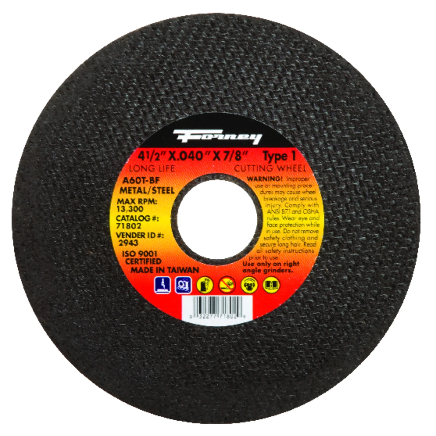 Type 1 Cutting Wheel, 4.5 Inches Diameter by 0.040 Inches Thickness