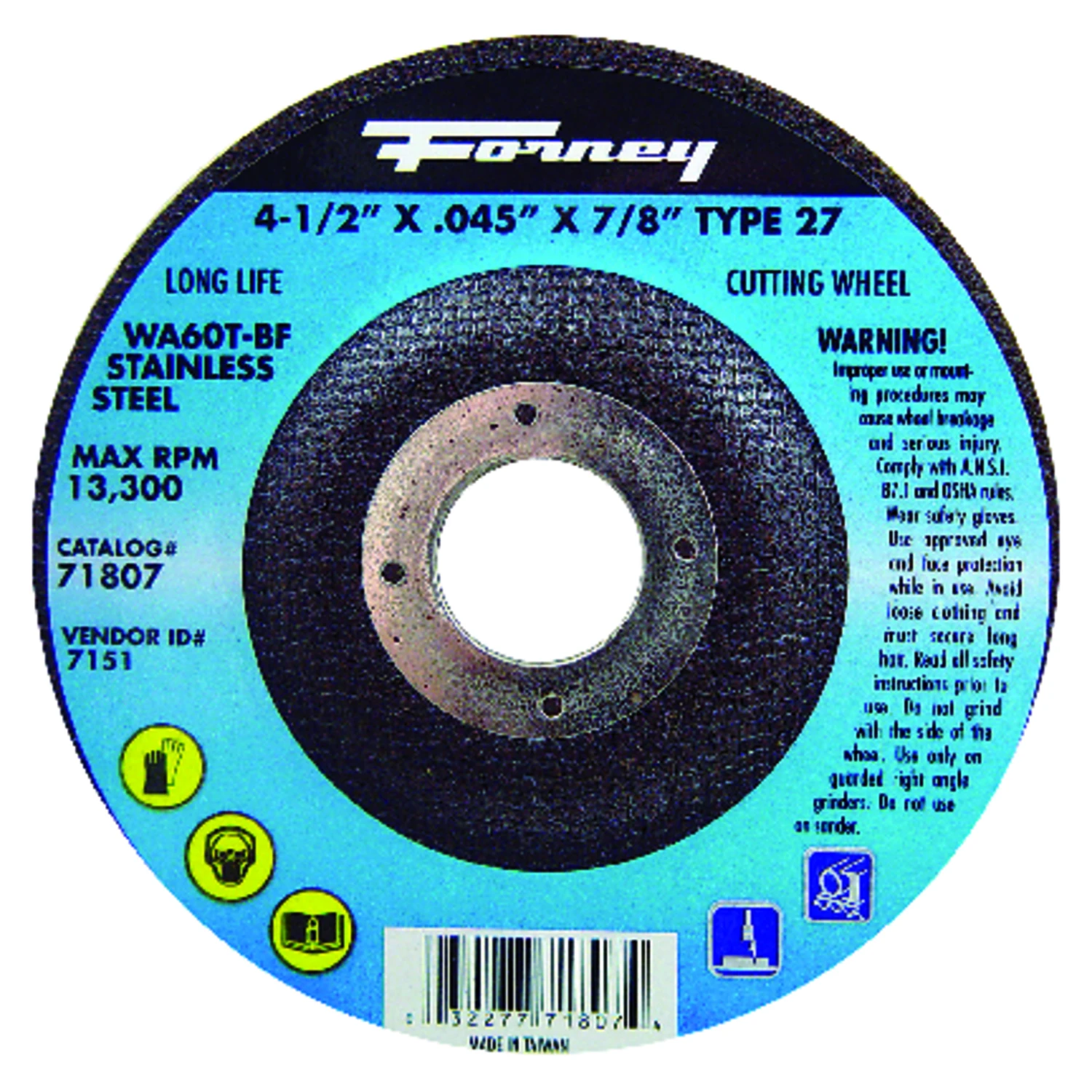Type 27 Cutting Wheel, 4.5 Inch Diameter by 0.045 Inch Thickness