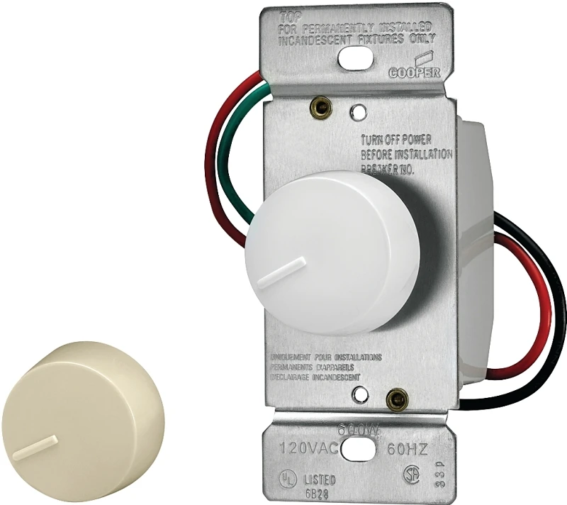 Ri306p-vw-k2 3-way Rotary Dimmer Switch, 600 Watt, White/ivory