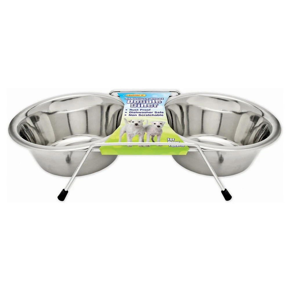 Stainless Steel Double Diner Raised Pet Bowls With Stand, 1 Quart Capacity