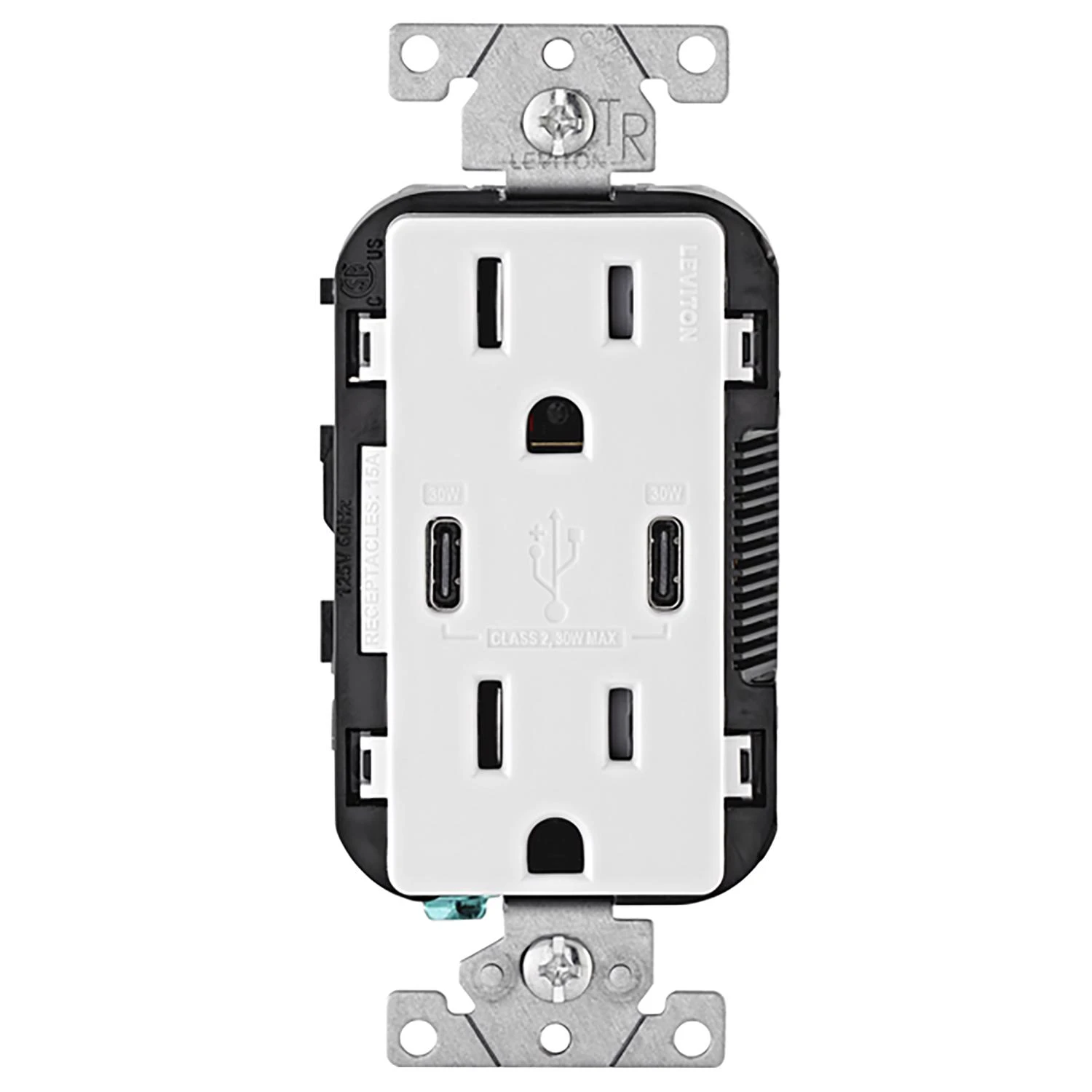 Leviton Decora 15 amps 125 V Duplex and Type C White Outlet and USB Charger 5-15R 1 pk