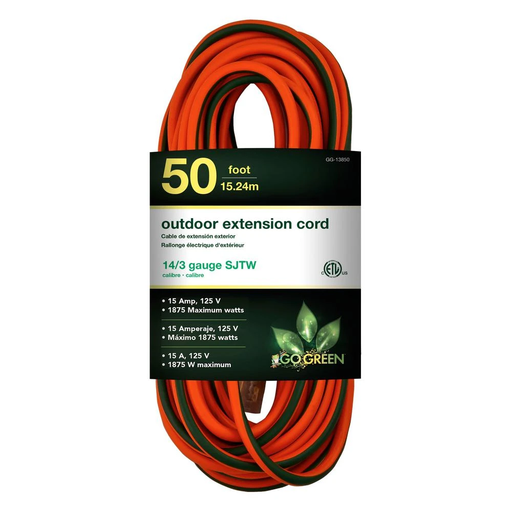 50 Ft. Gogreen Power 14/3 Sjtw Heavy Duty Outdoor Extension Cord With Lighted Ends