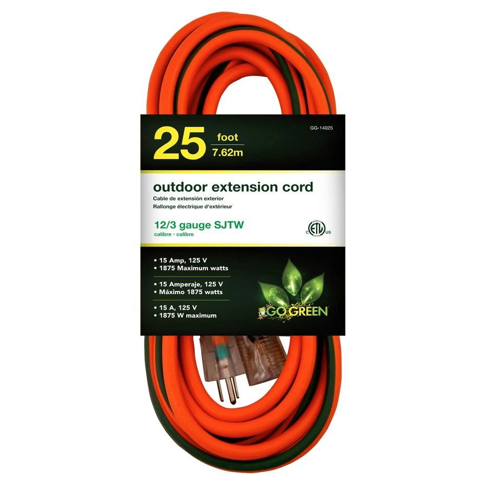 25 Ft. 12/3 Sjtw Heavy Duty Extension Cord - Orange With Lighted Green Ends