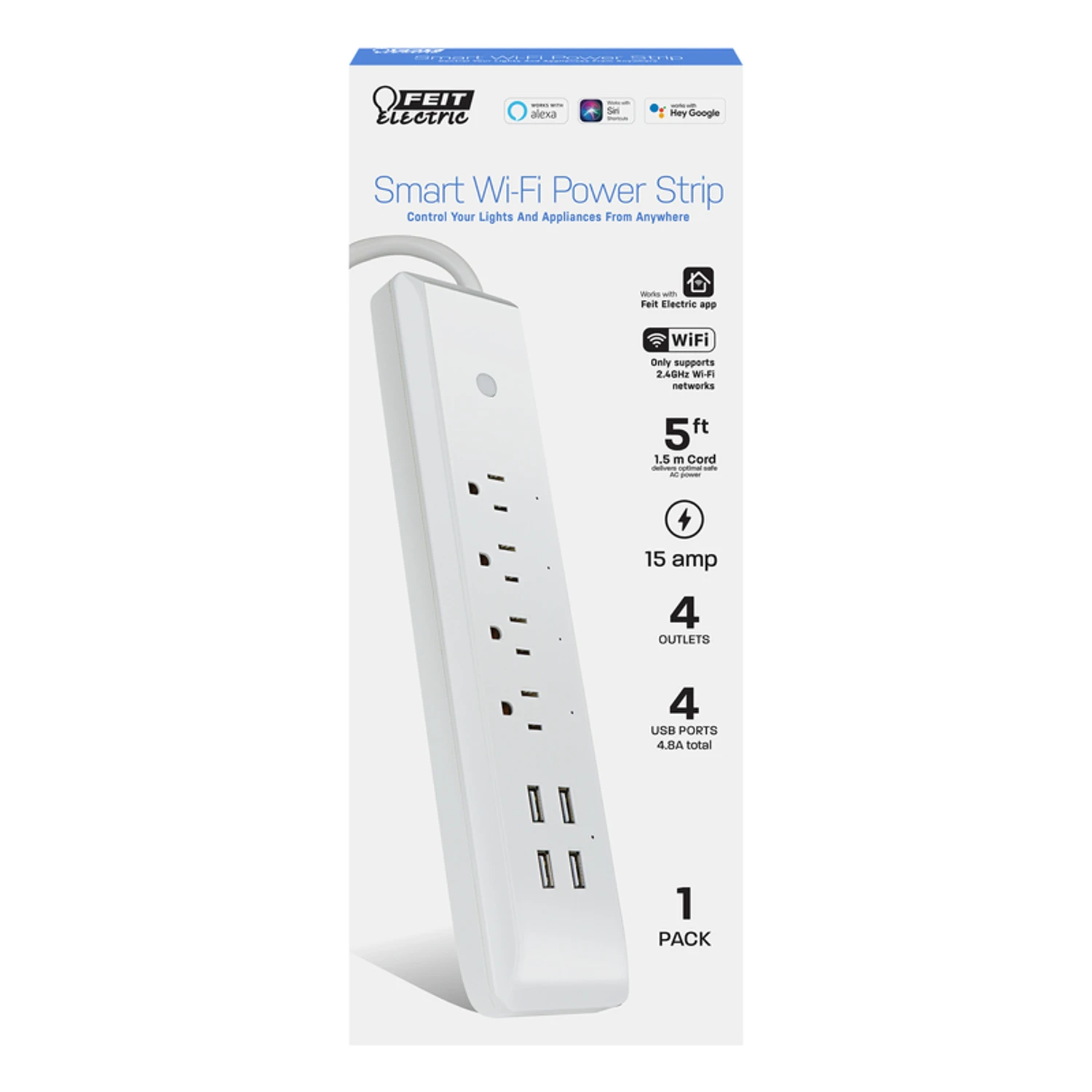 Feit Smart Home 5 Ft. L 4-outlet Wi-fi Power Strip With Usb Ports - White