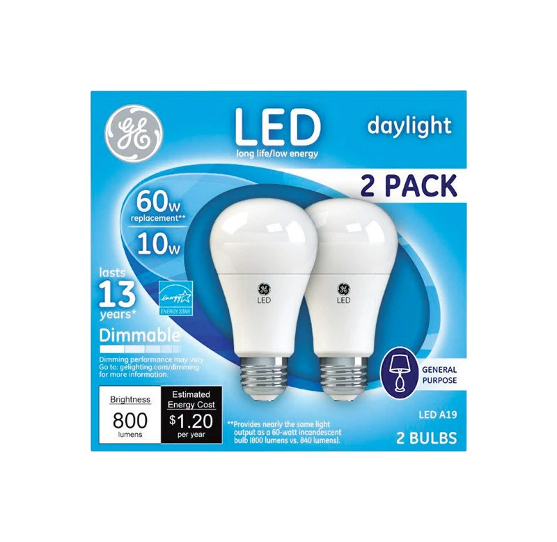 Ge 10 Watt A19 Led Bulb 800 Lumens Daylight 60w Equivalence, Dimmable, 2-pack