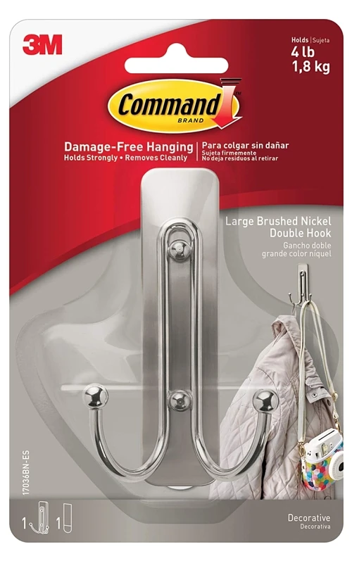 3M Command 2 in. L Brushed Nickel Metal Large Double Hook 4 lb. cap. 1 pk