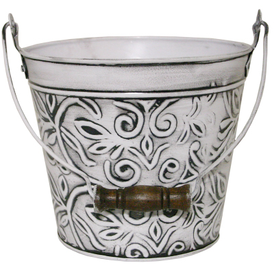 Floral Metal Planter With Handle, Rustic White, 8 In.